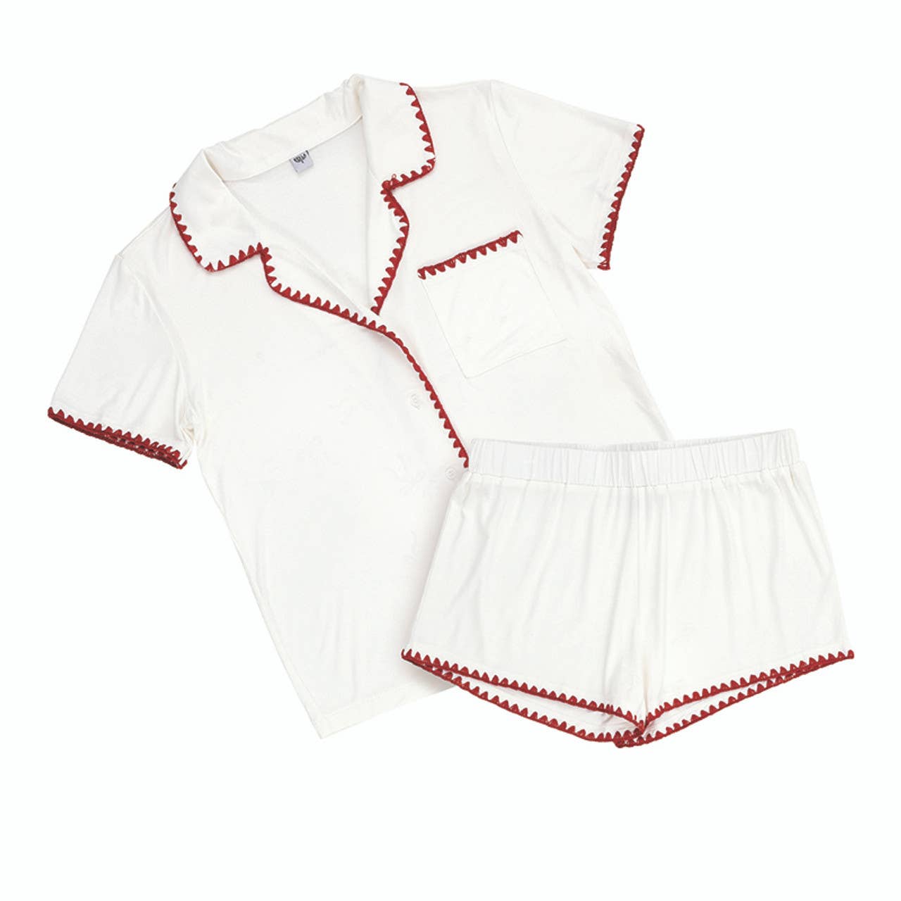 Short Bamboo PJ Set - White + Burgundy Whip Stitch: 93% Bamboo/ 7% Spandex / Large