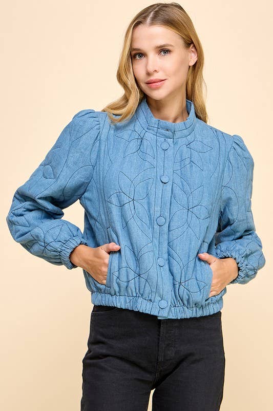 CJ6595-Denim Quilted Side Pockets Jacket: DENIM BLUE / M
