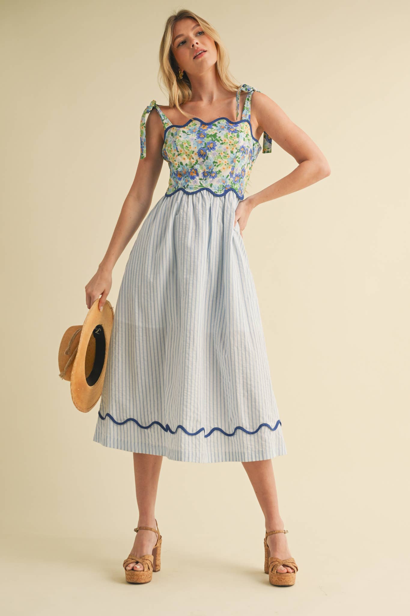 SCALLOPED MIXED PRINT MIDI DRESS