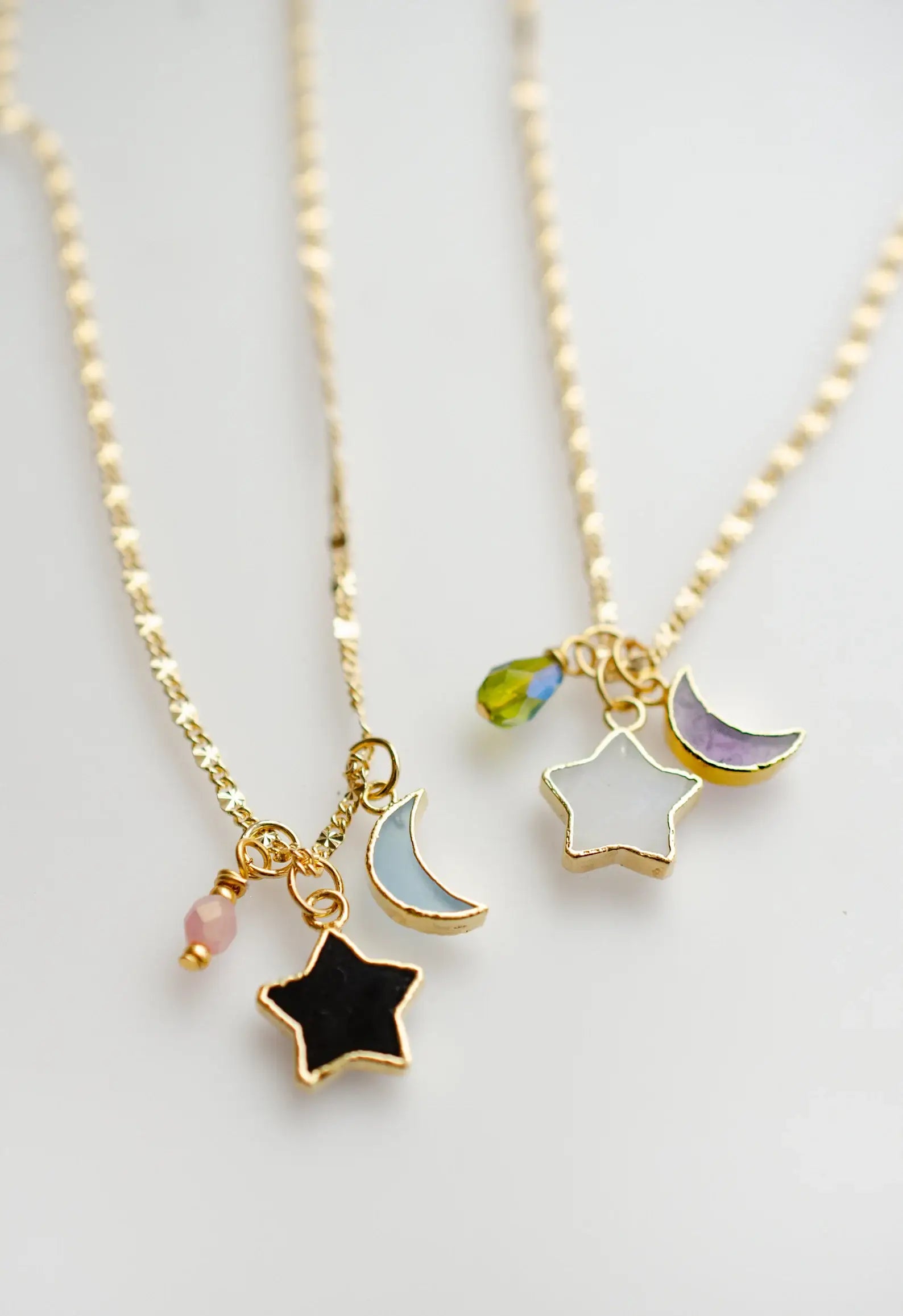 Star and Moon Gemstone Necklace: 18 inches / Amethyst + Moonstone