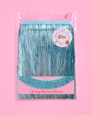 Blue Fringe Banner | blue foil, tinsel decor, party backdrop