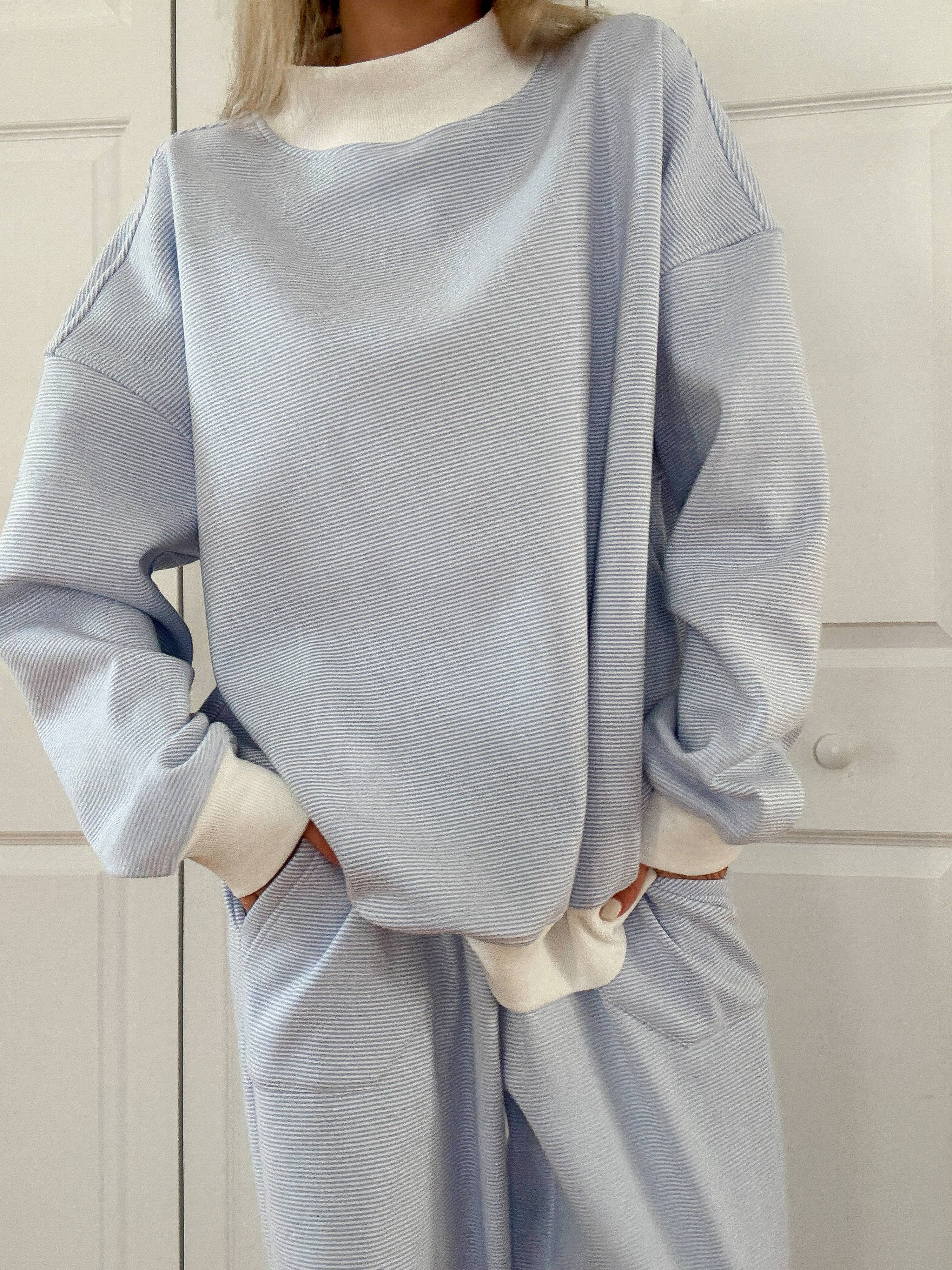 Blue and White Mini Striped Mockneck Sweatshirt: Blue/White Mini Stripes