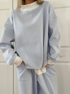 Blue and White Mini Striped Mockneck Sweatshirt: Blue/White Mini Stripes