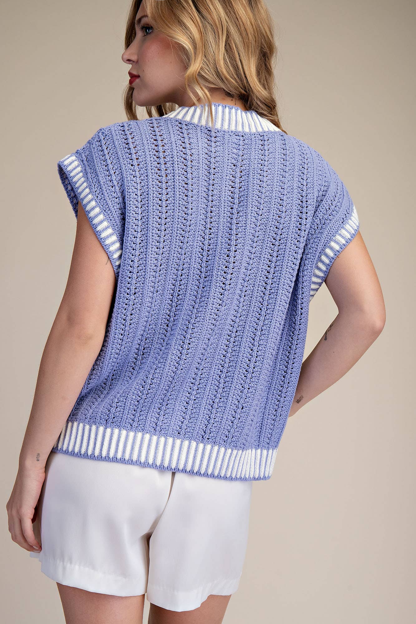 Round Neck Sleeveless Button Down Stripe Vest Sweater: Lavender