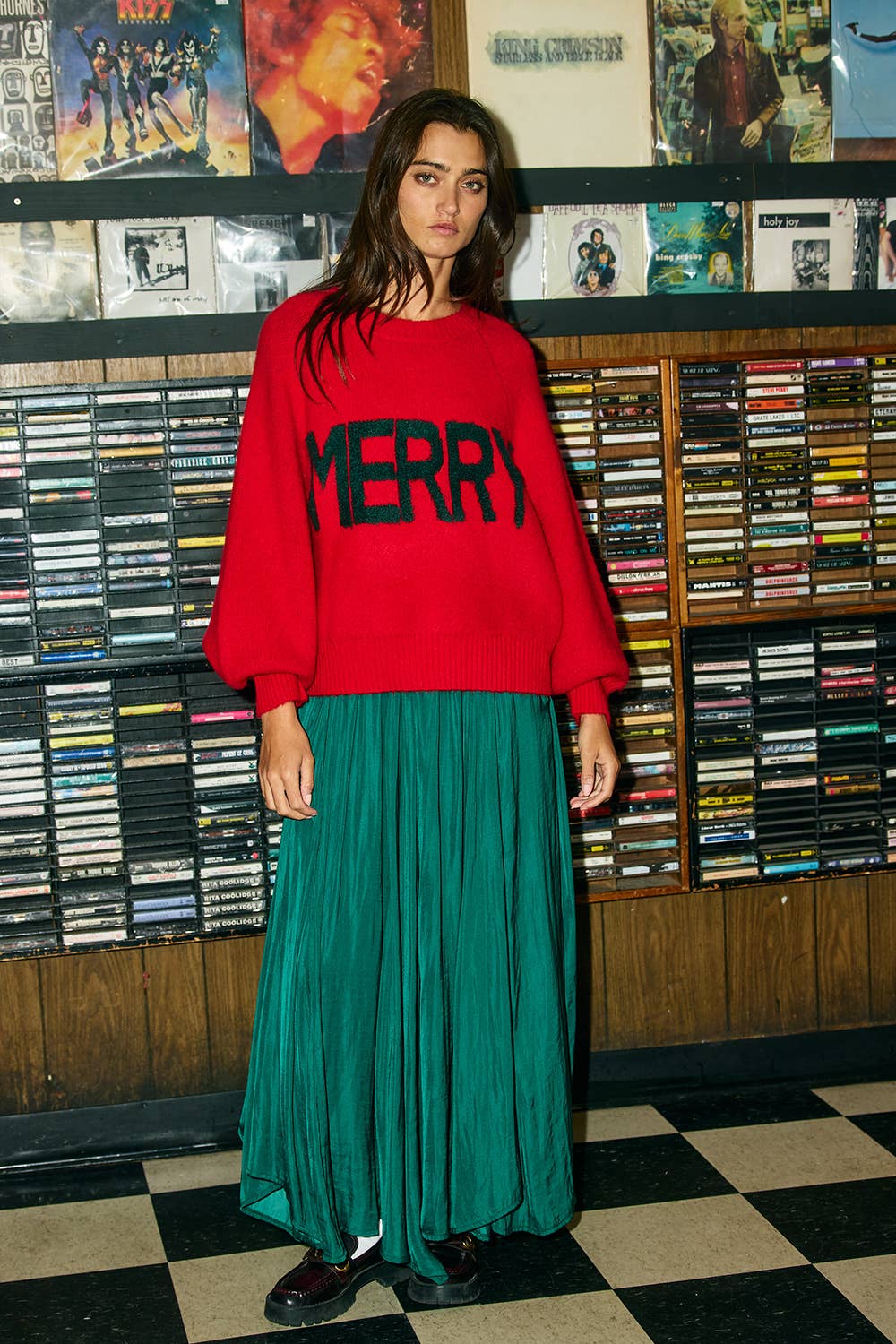 IT2389-MERRY | Bouclé-Lettered "MERRY" Slouchy Knit Sweater: RED/PINK / S