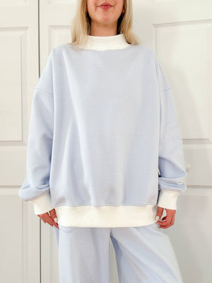 Blue and White Mini Striped Mockneck Sweatshirt: Blue/White Mini Stripes