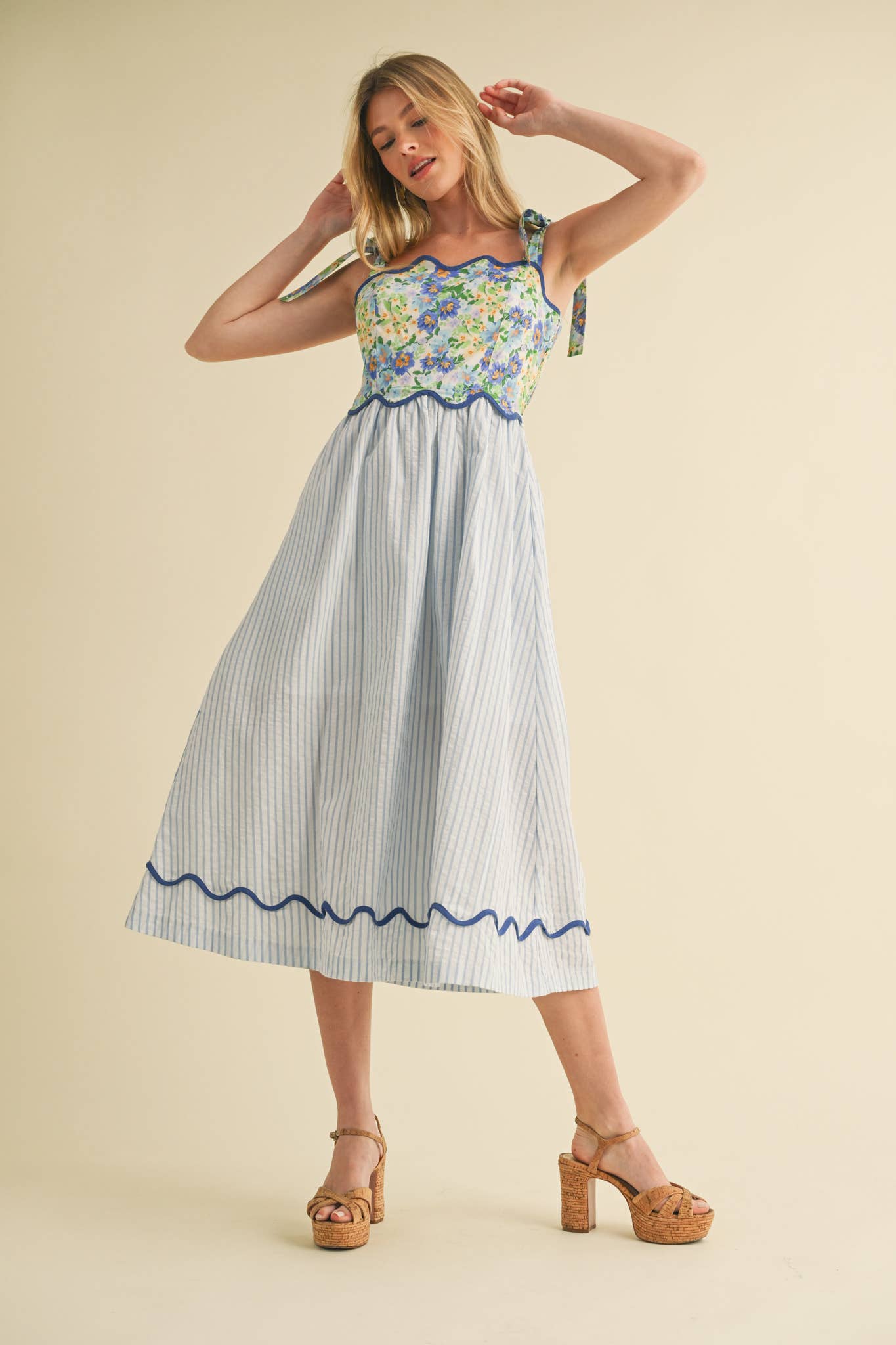 SCALLOPED MIXED PRINT MIDI DRESS