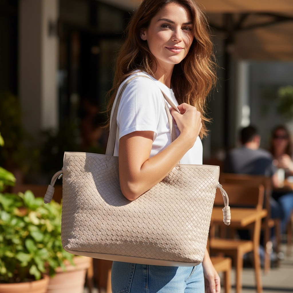 Cinched Woven Leather Vegan Tote Bag -Reese Fawn