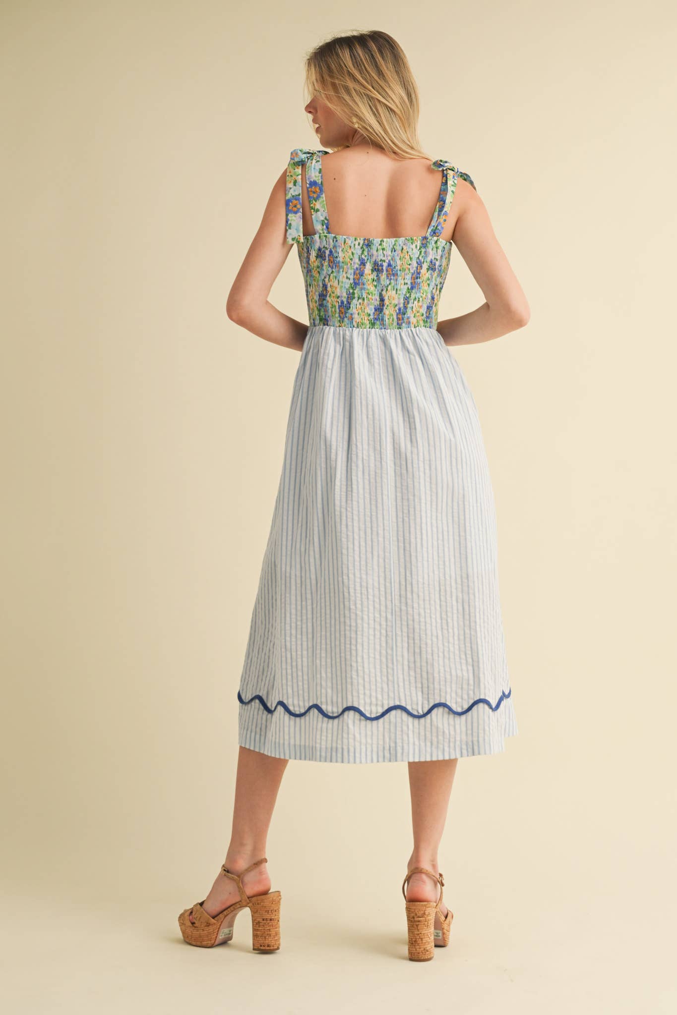 SCALLOPED MIXED PRINT MIDI DRESS