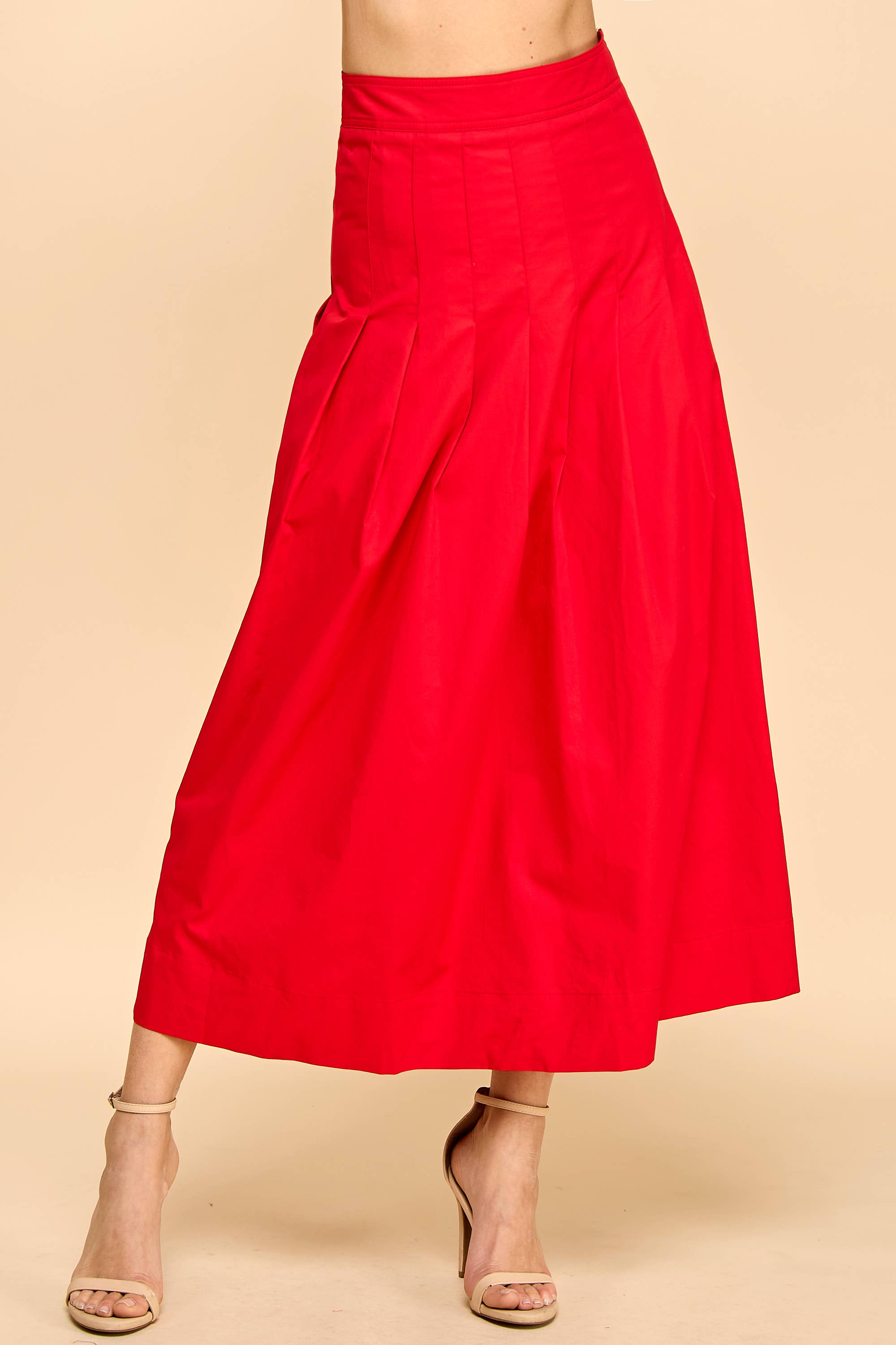 CS3801-Pleated Detail Wide Waistband Midi Skirt: Red / M