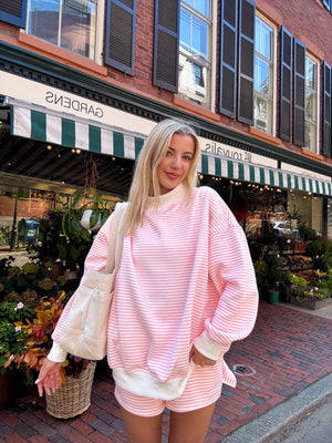 Light Pink and White Big Striped Mockneck Sweatshirt: Pink/White Big Stripes