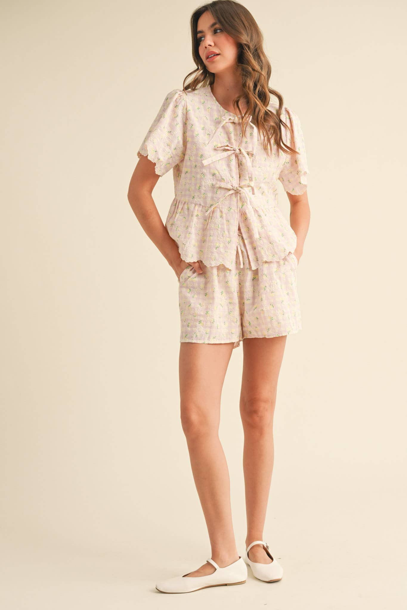 EMBROIDERED FLORAL GINGHAM TOP AND SHORTS SET