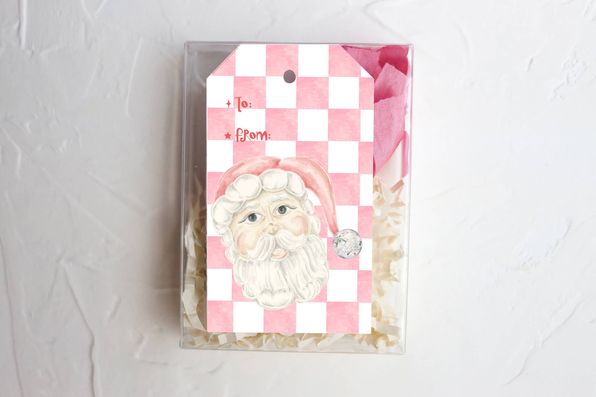 pink Santa checker print holiday Christmas gift tag